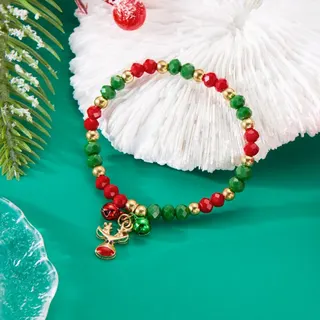 Christmas Tree Beaded Bracelet - Red Green Gold Faceted Crystal Elastic Bracelet with Alloy Christmas Tree Charm & Bells, Holiday Gift Jewelry 18cm
