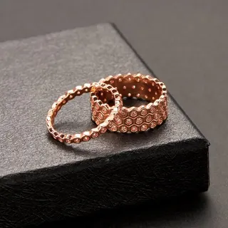 Rose Gold Honeycomb Zircon Ring Set of 2 - Wide Stacking Band with Micro-Pavé Cubic Zirconia, 18K Gold Plated Copper, Size 8, Geometric Luxury Jewelry for Women