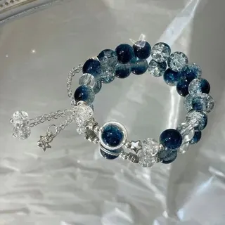 Blue Glass Bead Bracelet with Star Charm, Dreamy Celestial Crystal Beaded Stretch Bracelet for Women, Silver Accent Hand Jewelry Gift