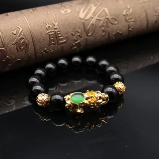 Pixiu Bracelet for Men Women, Black Agate Beads with 18K Gold Plated Alloy, Elastic Stretch Bracelet, Chinese Style Lucky Charm Couple Jewelry