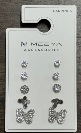 MEEYA Butterfly Stud Earrings Set of 5 Pairs, Rhinestone Zircon Flower & Round Crystal Earrings, Copper Base Vacuum Plated, Elegant Sweet Jewelry Gift for Women