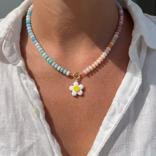 Rainbow Beaded Flower Necklace - Boho Glass Bead Chain with Deep Blue White Glass Flower Pendant, Copper Clasp, ~50cm, Summer Vacation Jewelry for Women