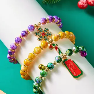 Christmas Beaded Bracelet Set of 3 - Tree, Wreath & Santa Charm, Alloy + Acrylic Crackled Beads, Elastic 18cm, Holiday Gift Jewelry for Women