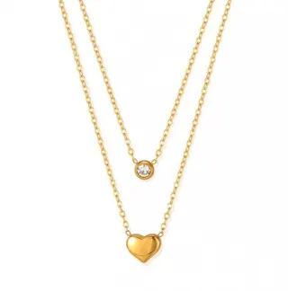 Double Layer Heart Necklace 18K Gold Plated Titanium Steel, Zircon Round Charm Pendant, Minimalist Layered Clavicle Chain for Women, 45+5cm