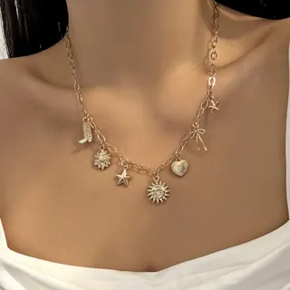 Sun Star Heart Bow Multi-Charm Necklace Women Gold Alloy Vintage Boho Collarbone Chain with Extender