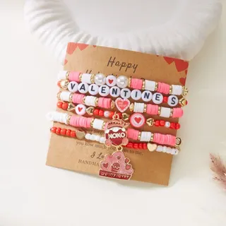 Valentine's Day Beaded Bracelet Set, I Love You XOXO Letter Charm Bracelets, Pink Red White Alloy Clay Beads, 18cm Stackable Gift for Her