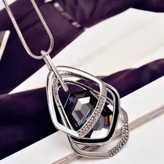 Statement Sweater Necklace for Women, Silver Plated Alloy Geometric Pendant with Rhinestone Pavé & Faceted Dark Crystal, 60cm Long Chain, Elegant Fashion Jewelry