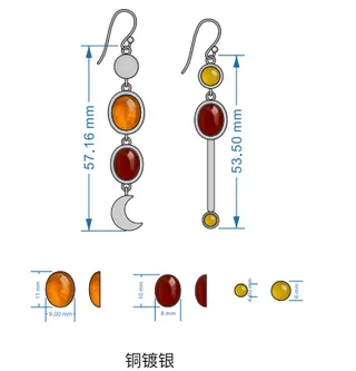 Asymmetric Moon Resin Drop Earrings, Copper Silver Plated Boho Long Dangle Earrings for Women, Orange Red Yellow Gemstone, 57mm Lightweight Ear Hooks