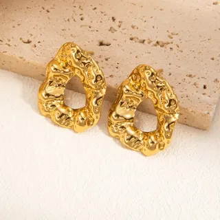 Gold Geometric Irregular Earrings - Stainless Steel 18K Gold Plated Hollow Textured Studs, Hypoallergenic Statement Earrings for Women
