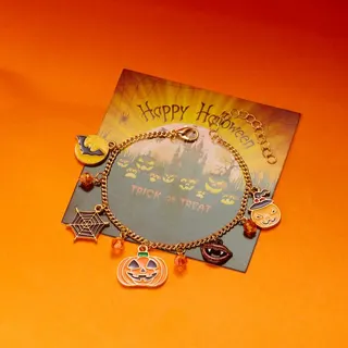 Halloween Bracelet for Women - Pumpkin House Bat Ghost Charm Chain Bracelet, 18K Gold Plated Alloy with Purple Beads, Trick or Treat Party Jewelry Gift, 18+5cm Adjustable