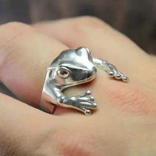 Frog Ring Women, 3D Animal Adjustable Open Ring, Silver Alloy Polished, Funny Personality Jewelry, 1PC