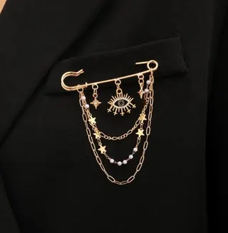 Evil Eye Star Tassel Brooch Pin, Vintage Gold-Plated Alloy Chain Lapel Pin, Boho Statement Jewelry for Blazer Jacket