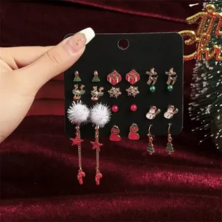 Christmas Earrings Set 12 Pairs - Alloy Gold Plated Deer Snowflake Pom Pom Star Dangle Earrings, Red White Holiday Party Jewelry Gift for Women Girls