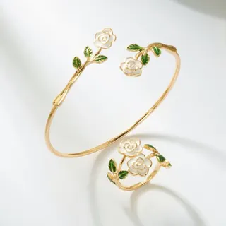 French Vintage Camellia Enamel Bangle & Ring Set, 18K Gold Plated Alloy, Red Drip-Enameled Flower Branch, Adjustable Open Cuff Bracelet Jewelry Gift for Women