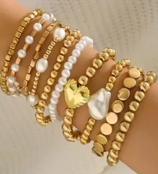 10pcs Layered Beaded Bracelet Set, Gold Tone Baroque Pearl & Heart Charm Stackable Bracelets, Imitation Pearl Fashion Jewelry Gift for Women