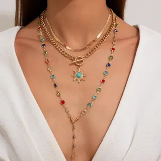 Boho Layered Necklace Set - Sunburst Turquoise Pendant & Multicolor Crystal Bead Y-Chain, 18K Gold Plated, 37+7cm