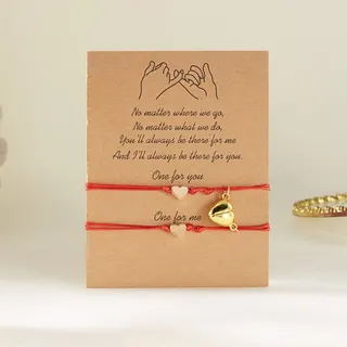 Couples Red String Bracelet Set with 18K Gold Plated Heart Charm, Adjustable 16-30cm, Magnetic Love Card Packaging, Valentine's Day Gift for Her and Him
