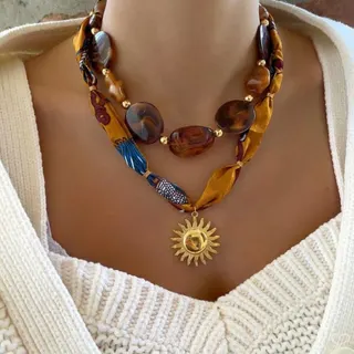 Boho Scarf Necklace Set - 2pcs Stainless Steel Sun Pendant & Acrylic Bead Layered Necklace, Vintage Gold, Hypoallergenic, Vacation Beach Jewelry