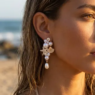 Summer Ocean Pearl Starfish Shell Earrings - French Vintage Dangle Earrings with Imitation Pearl & Crystal, 18K Gold Plated Alloy, 5.5cm, Pair