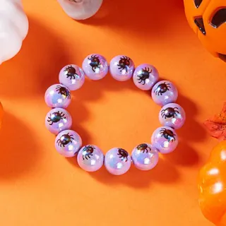 Halloween Ghost Bracelet - Iridescent Resin Bead String Bracelet with Cute Ghost Print, 20cm Elastic Party Accessory
