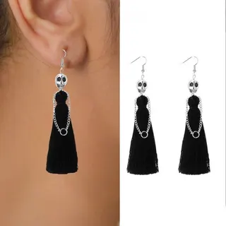 Halloween Skull Tassel Earrings Gothic Punk Long Dangle Earrings Alloy Silver Plated Chain Tassel Black Dark Party Jewelry Pair