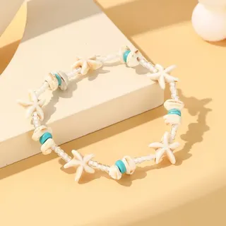 Pink Starfish Shell Beaded Bracelet - Ocean Beach Style Adjustable Charm Bracelet with Gold Clasp, Lightweight 9g, Summer Vacation Jewelry for Women