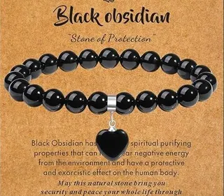 Black Obsidian / Black Agate Bead Bracelet with Heart Charm, Elastic Stretch Natural Stone Bracelet for Women, Protective Energy Stone Jewelry, Adjustable 15cm