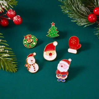 Christmas Brooch Set of 6 - Enamel Alloy Pins with Santa, Snowman, Christmas Tree, Wreath & Mitten - Holiday Lapel Badge Gift for Coat Sweater Bag