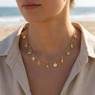 Boho Ocean Starfish Necklace - Gold Plated Alloy with Pearl, Seashell & Seahorse Charms, Adjustable 38+5cm Beach Vacation Jewelry for Women