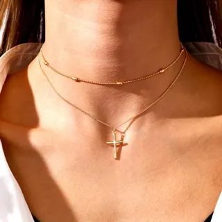 Gold Cross Pendant Necklace, Double Layer Chain Choker, 18K Gold Plated Alloy, Minimalist Luxury Clavicle Chain for Women, 40cm