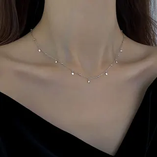 White Gold Round Disc Bead Choker Necklace, Minimalist Delicate Chain with Dangling Pendants, Adjustable 45+5cm, Elegant Collarbone Necklace for Women
