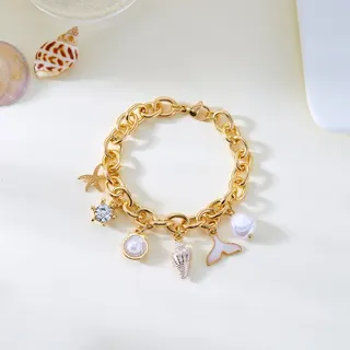 Ocean Themed Multi-Charm Necklace for Women - Starfish Conch Pearl Shell Mermaid Tail Gold Chain Adjustable Choker, Boho Vacation Jewelry 43+6cm
