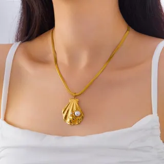 Stainless Steel Shell Pearl Necklace Women 18K Gold Plated Imitation Pearl Pendant Choker Chain 40+5cm Adjustable Gold