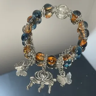 Chinese Style Lotus Beaded Bracelet with Butterfly Charm, Glass Beads, Vintage Boho, 18cm, Gift for Women