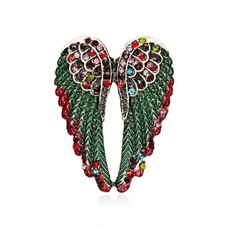 Vintage Angel Wings Brooch, Green Enamel Feather with Multicolor Rhinestone, Antique Silver Alloy Pin, 3.6x2.8cm, Lolita Stage Accessory for Women