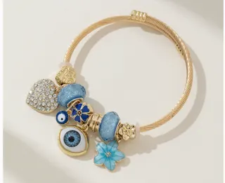 Evil Eye Charm Bracelet Pink Rhinestone Multi-Element Stainless Steel 18K Gold Plated Twist Bangle 18cm Sweet Lucky Gift for Women