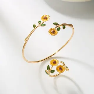 Sunflower Enamel Open Cuff Bracelet & Ring Set, Gold-Plated Alloy Copper, French Vintage Floral Jewelry Gift for Women