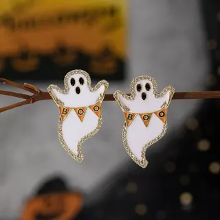 Halloween Ghost Earrings Cute BOO Bunting Design Rhinestone Inlaid White Enamel Alloy Stud Earrings for Women Party Costume Jewelry