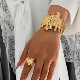 Statement Tree Bark Cuff Bracelet & Ring Set, Gold Alloy Wide Bangle, Bohemian Vintage Jewelry, 5.5cm