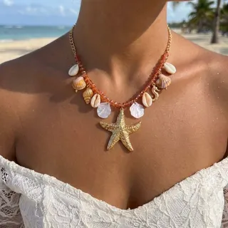 Boho Ocean Starfish Shell Necklace - Gold Alloy Crystal Beaded Choker with Conch & Seashell Pendants, Beach Vacation Statement Jewelry, 38+5cm Adjustable