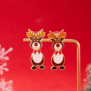 Christmas Reindeer Dangle Earrings, Alloy Enamel Cartoon Deer with Gold Antlers & Red Bow, Detachable Two-Way Wear, Festive Holiday Gift Jewelry