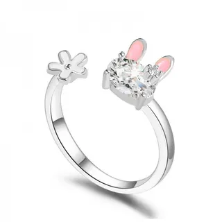 Cute Bunny Flower Ring - Open Adjustable Silver Plated Ring with Pink Rabbit Ears & Zircon Heart, Sweet Girl Jewelry Gift