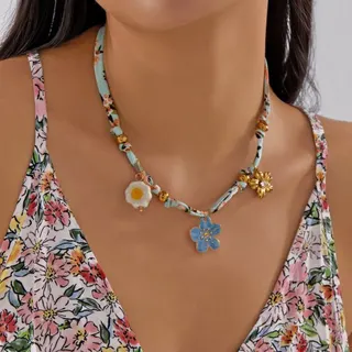 French Vintage Floral Scarf Necklace, Stainless Steel 18K Gold Plated Pendant, Boho Vacation Collarbone Chain with Egg & Flower Charms, Adjustable 50+5cm