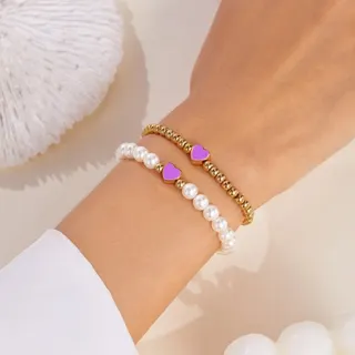Double Layer Pearl & Gold Bead Bracelet with Red Heart Charm, 18K Gold Plated Elastic Stretch Bracelet 17cm, Sweet Romantic Gift for Women