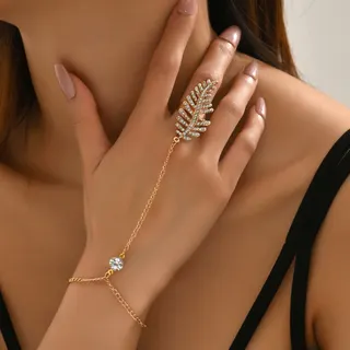 Gold Feather Rhinestone Finger Chain Bracelet - French Luxury Ring Bracelet Set, Alloy with Micro-Paved Cubic Zirconia, Adjustable Chain Hand Jewelry