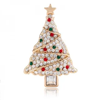Christmas Tree Brooch for Women, Rhinestone Crystal Pin, 18K Gold Plated Alloy, Festive Holiday Gift, Red Green Gemstone, Coat Blazer Accessory