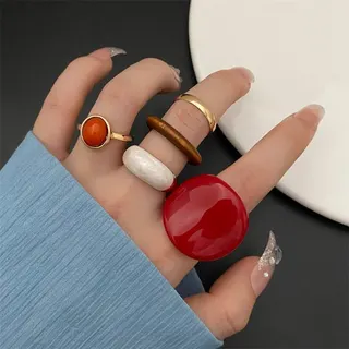 Exaggerated Acrylic Fake Gemstone Ring Set of 5 - Cabochon Oval Red Orange White Gold-Plated Alloy Stacking Rings, Vintage Boho Statement Jewelry