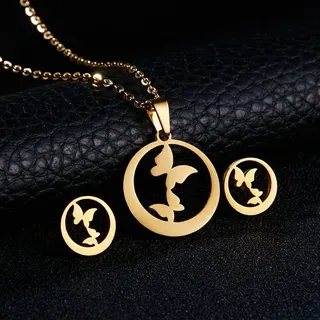 Butterfly Circle Hollow Stainless Steel Necklace & Earrings Set, 18K Gold Plated, Hypoallergenic, Polished Both Sides, Women's Jewelry Gift Set