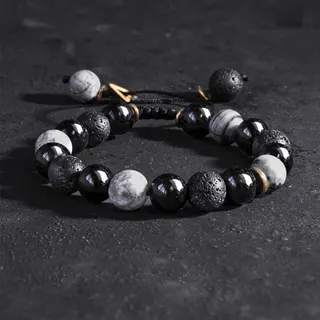 Obsidian & White Stone Beaded Bracelet, Natural Volcanic Rock with Gold Alloy Spacer, Adjustable Elastic Black White Unisex Bracelet 18-30cm