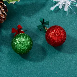 Christmas Bow Ball Glitter Asymmetric Dangle Earrings, Alloy Red Green Holiday Party Earrings for Women